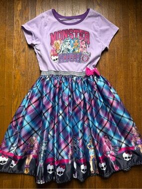 monster high Purple Lavender Top Plaid Skirt Dress with Pink Bow Accent